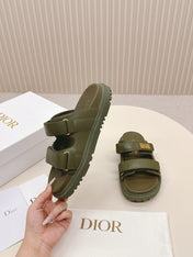 DIOR CLASSIC DOUBLE-STRAP SLIDES 25S IN MOSS GREEN CALFSKIN