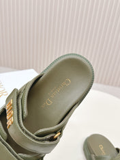 DIOR CLASSIC DOUBLE-STRAP SLIDES 25S IN MOSS GREEN CALFSKIN