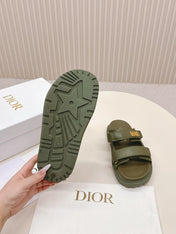 DIOR CLASSIC DOUBLE-STRAP SLIDES 25S IN MOSS GREEN CALFSKIN