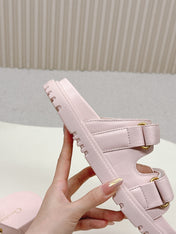 DIOR CLASSIC DOUBLE-STRAP SLIDES 25S IN PASTEL PINK CALFSKIN WITH GOLD HARDWARE