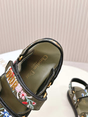 DIOR BACK-STRAP SANDALS 25S IN MOSS GREEN CALFSKIN EMBROIDERED WITH PETITES FLEURS