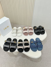 DIOR CLASSIC DOUBLE-STRAP SLIDES 25S IN ROSE BROWN TWEED AND CALFSKIN