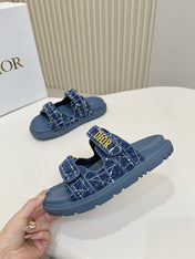 DIOR CLASSIC DOUBLE-STRAP SLIDES 25S IN NAVY BLUE TWEED AND CALFSKIN