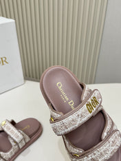 DIOR CLASSIC DOUBLE-STRAP SLIDES 25S IN ROSE BROWN TWEED AND CALFSKIN