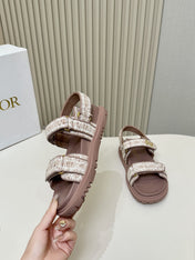 DIOR BACK-STRAP SANDALS 25S IN DEEP MAUVE BROWN TWEED AND CALFSKIN