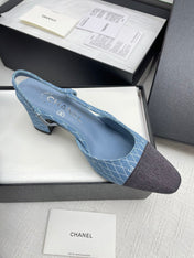 CC SLINGBACK 25S 65 MM IN BLUE DENIM WITH PLAID PATTERN