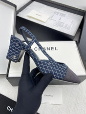 CC SLINGBACK 25S 65 MM IN NAVY BLUE DENIM WITH PLAID PATTERN