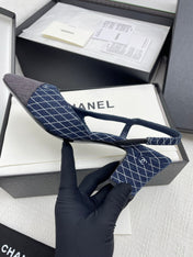 CC SLINGBACK 25S 65 MM IN NAVY BLUE DENIM WITH PLAID PATTERN