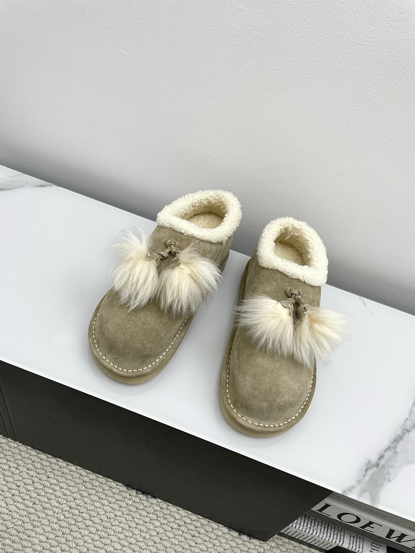 MIUMIU 26S ANKLE SHEARLING BOOTS IN TAUPE BEIGE SUEDE