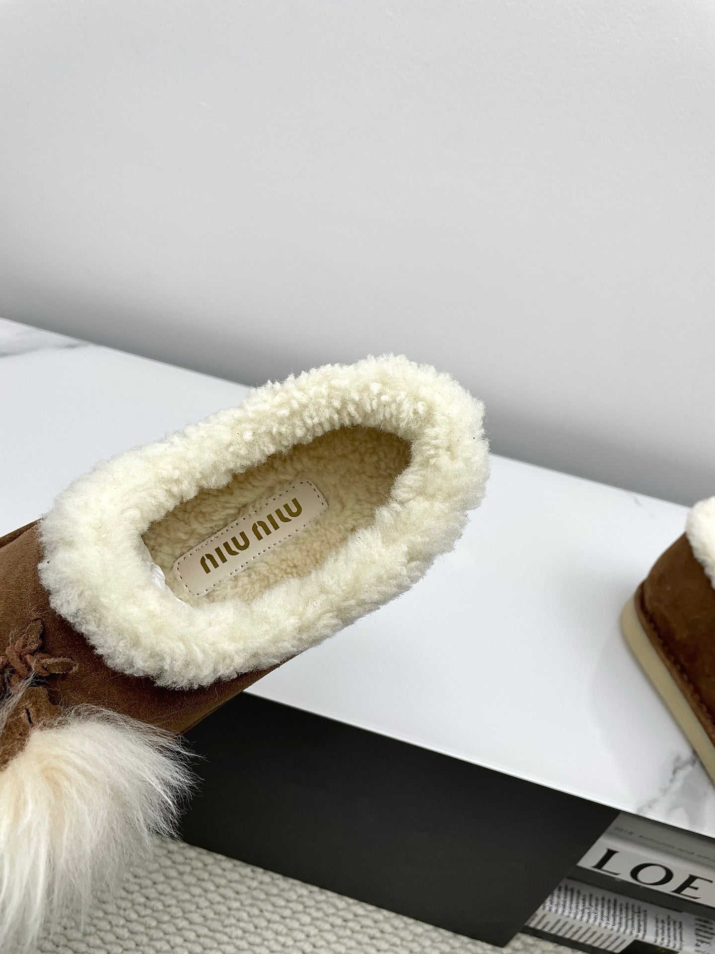 MIUMIU 26S ANKLE SHEARLING BOOTS IN DARK BROWN SUEDE