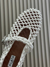 ALAIA MARY JANE FLATS 25S IN WHITE MESH CALSKIN WITH SILVER HARDWARE