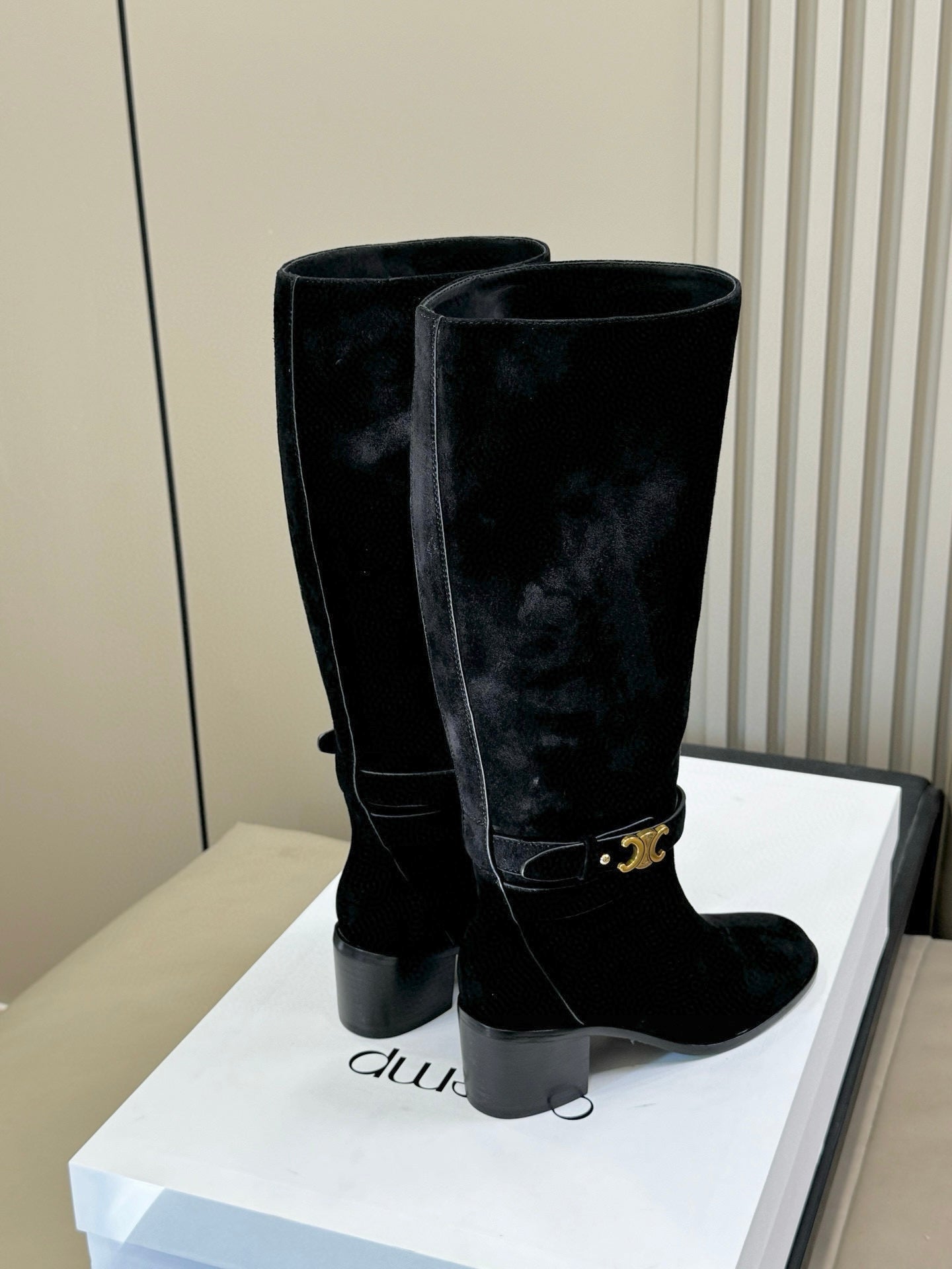 CELINE 26S HIGH-TOP BOOTS IN BLACK SUEDE WITH GOLD HARDWARE
