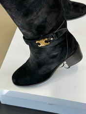 CELINE 26S HIGH-TOP BOOTS IN BLACK SUEDE WITH GOLD HARDWARE