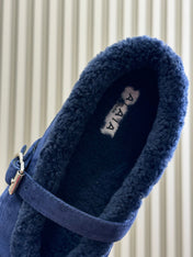 ALAIA 25S MARY JANE SHEARLING FLATS IN DARK BLUE SUEDE