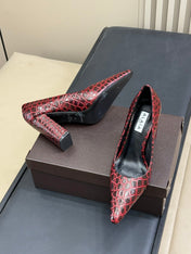 ALAIA 25S POINTY TOE PUMPS CROCODILE-EMBOSSED 90MM IN BURGUNDY CALFSKIN
