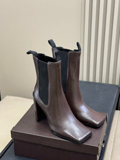 ALAIA 25S ANKLE HIGH-HEELED BOOTS IN BROWN CALFSKIN AND CANVAS