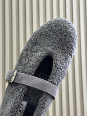 ALAIA 25S COZY MARY JANE SHEARLING FLATS IN DARK GRAY