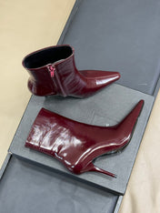 YSL 26S ZIPPERED HEELED BOOTS IN DARK RED SHINY CALFSKIN