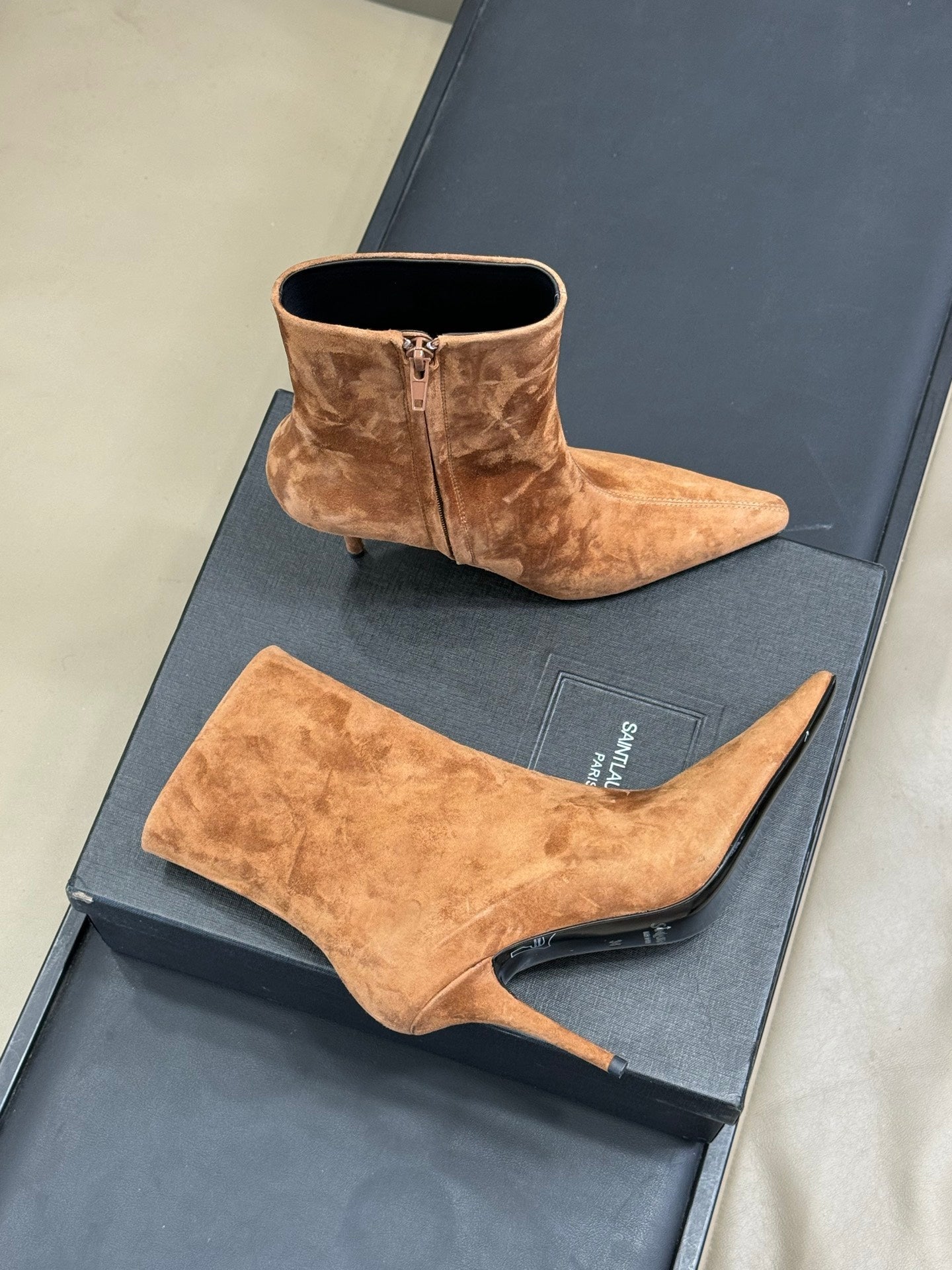 YSL 26S ZIPPERED HEELED BOOTS IN LIGHT BROWN SUEDE