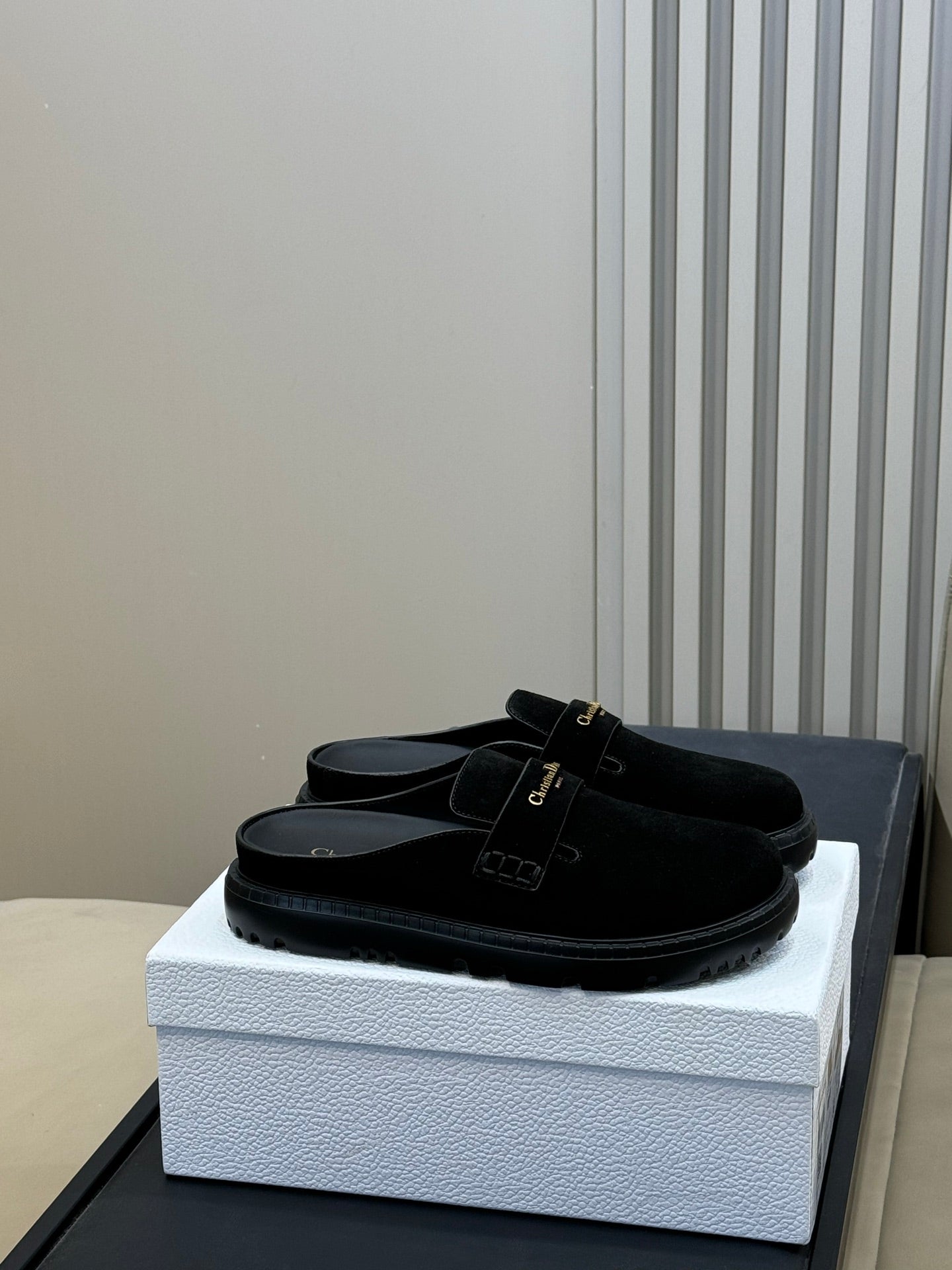 DIOR 26S BOY MULE IN BLACK SUEDE GOLD HARDWARE