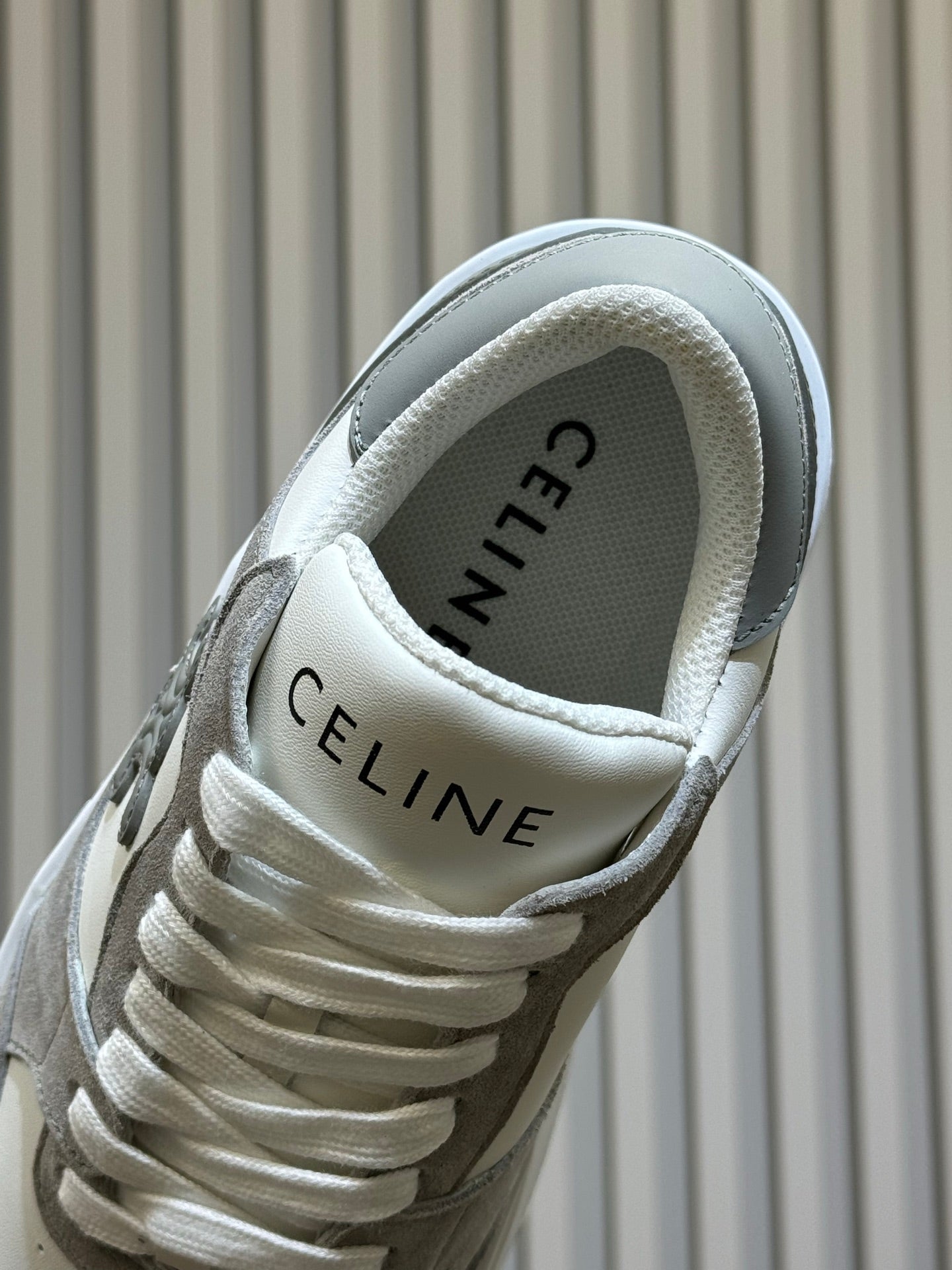 CELINE 26S WEDGE SNEAKERS IN WHITE CALFSKIN AND GREY SUEDE