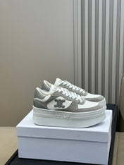 CELINE 26S WEDGE SNEAKERS IN WHITE CALFSKIN AND GREY SUEDE
