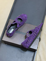 ALAIA 26S CROSS-STRAP FLATS IN PURPLE SUEDE WITH SILVER HARDWARE