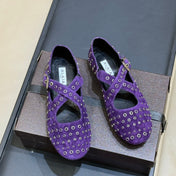 ALAIA 26S CROSS-STRAP FLATS IN PURPLE SUEDE WITH SILVER HARDWARE