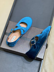 ALAIA 26S MARY JANE BALLET FLATS IN DARK BLUE VELVET