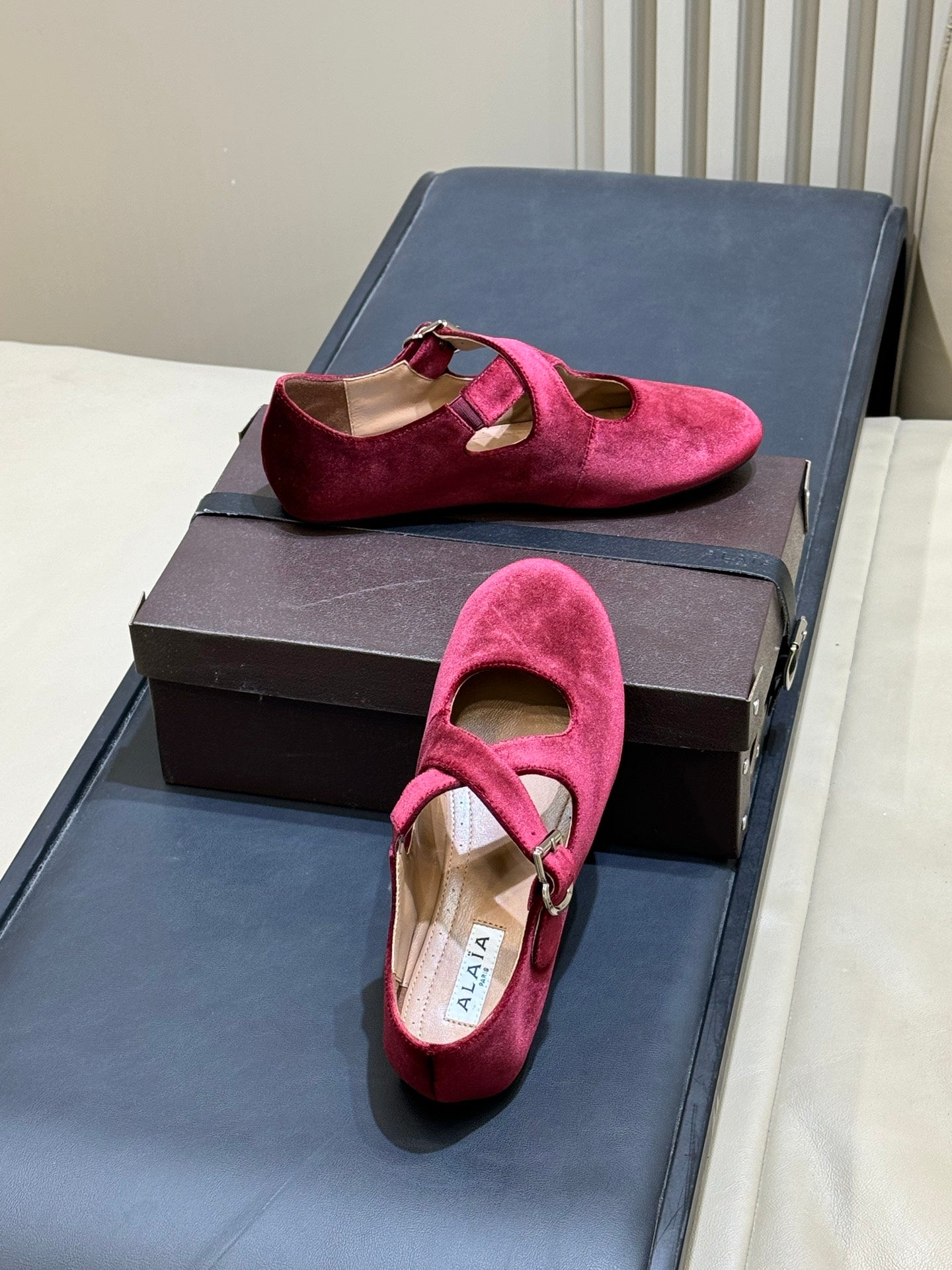 ALAIA 26S MARY JANE BALLET FLATS IN DARK RED VELVET