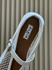 ALAIA 26S MARY JANE BALLET FLATS IN WHITE MESH AND GLOSSY CALFSKIN