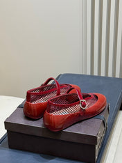 ALAIA 26S MARY JANE BALLET FLATS IN RED MESH AND GLOSSY CALFSKIN