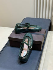 ALAIA 26S MARY JANE BALLET FLATS IN DARK GREEN MESH AND GLOSSY CALFSKIN