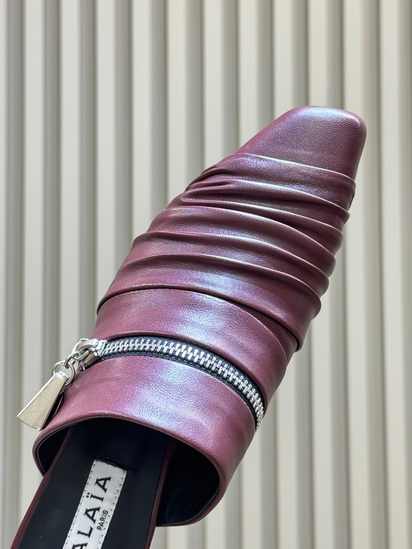 ALAIA 26S PLEATED MULES IN DARK RED LAMBSKIN