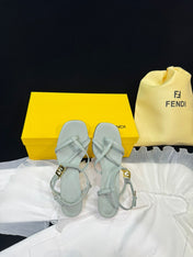 FENDI FFOLD MEDIUM-HEELED 55 MM SANDALS IN ASH GREY LAMBSKIN WITH GOLD HARDWARE