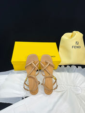 FENDI FFOLD MEDIUM-HEELED 55 MM SANDALS IN BRONZE BROWN LAMBSKIN WITH GOLD HARDWARE