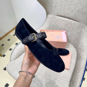 MIUMIU 26S MARY JANE FLATS IN BLACK SUEDE WITH BLACK BUCKLE STRAP