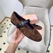 MIUMIU 26S MARY JANE FLATS IN OLIVE BROWN SUEDE WITH BLACK BUCKLE STRAP