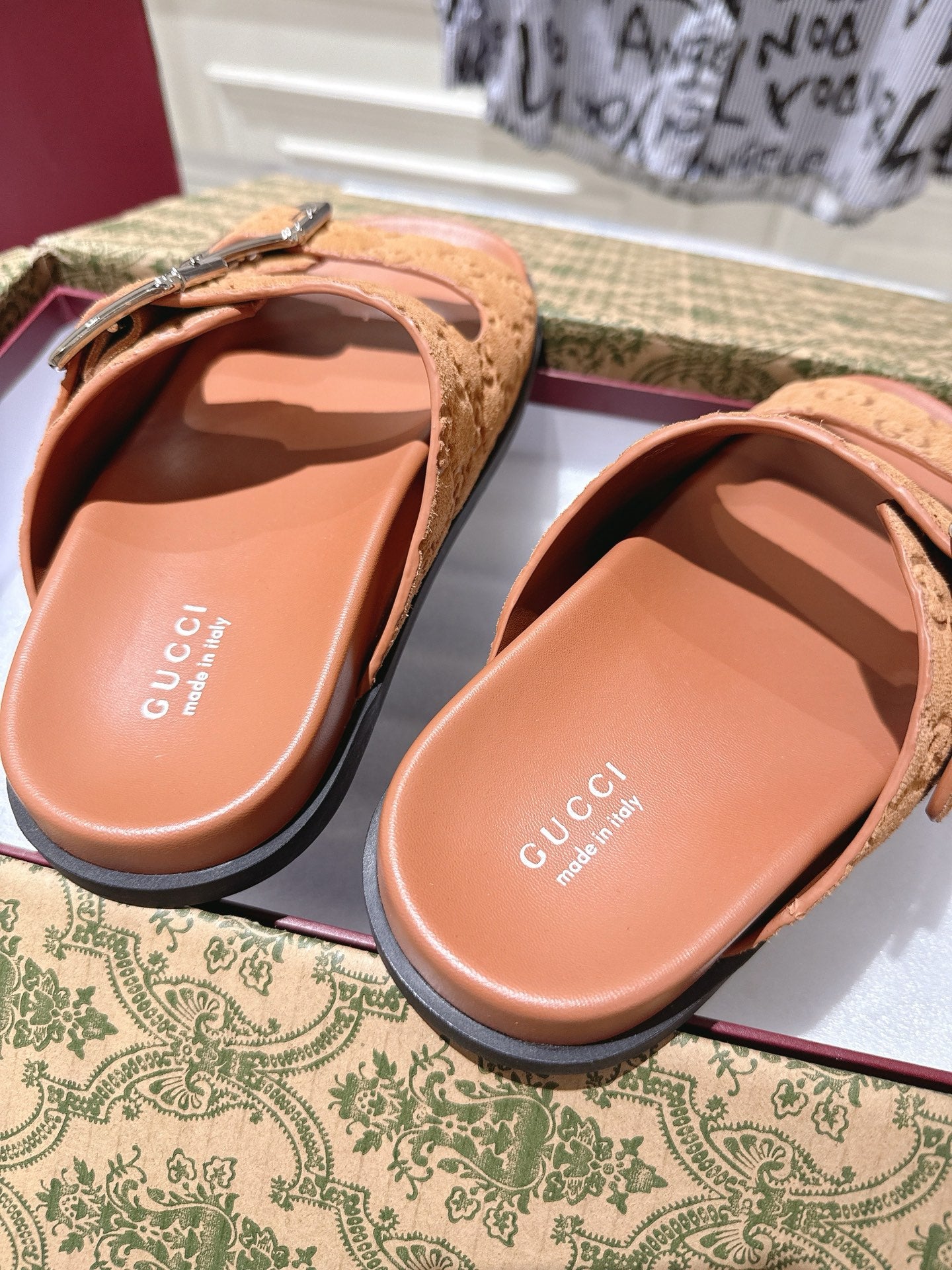 SANDALS IN BURNT ORANGE SUEDE EMBOSSED LOGO SILVER HARDWARE