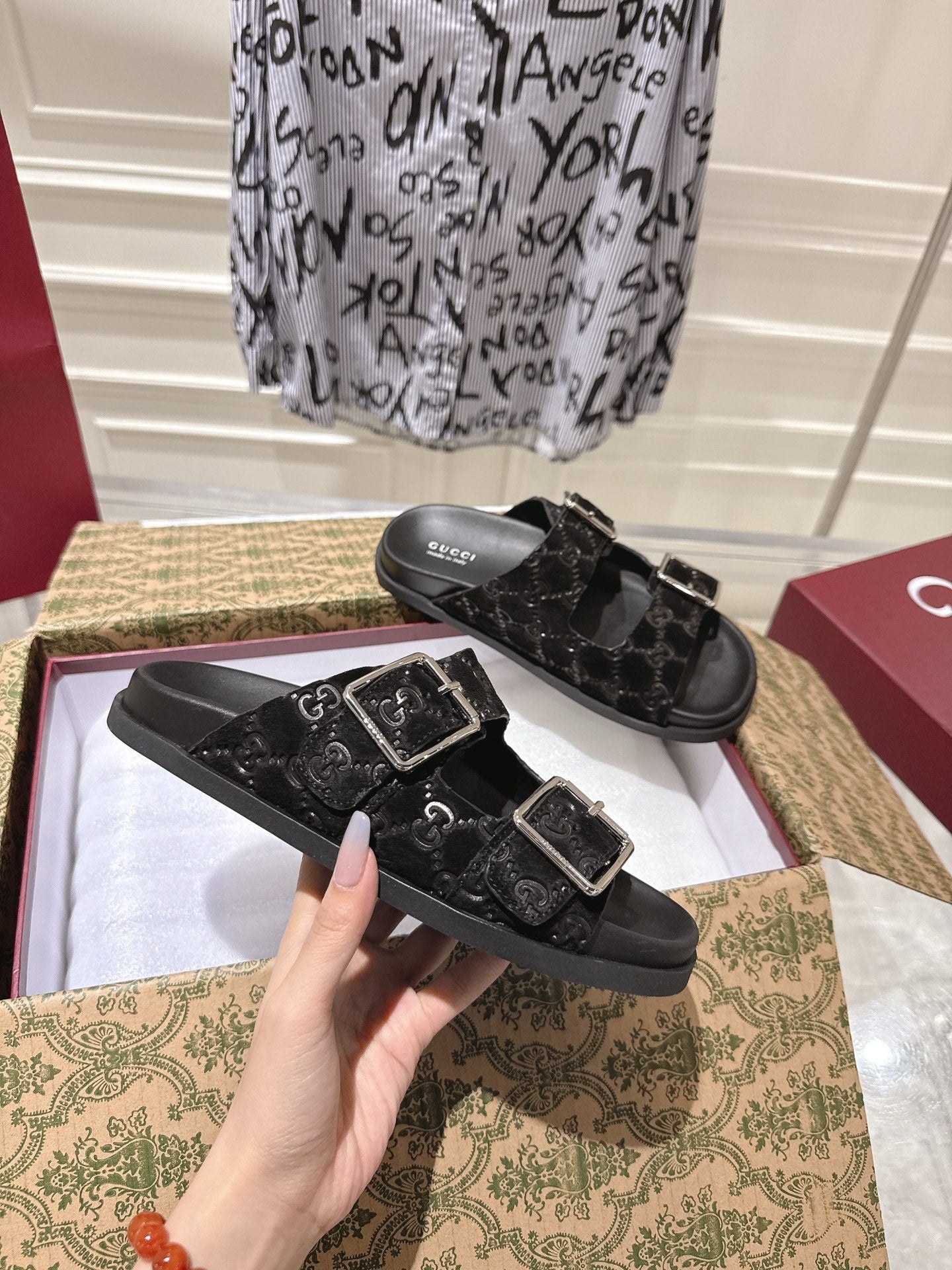 SANDALS IN BLACK SUEDE EMBOSSED LOGO SILVER HARDWARE