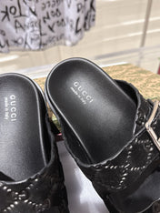 SANDALS IN BLACK SUEDE EMBOSSED LOGO SILVER HARDWARE