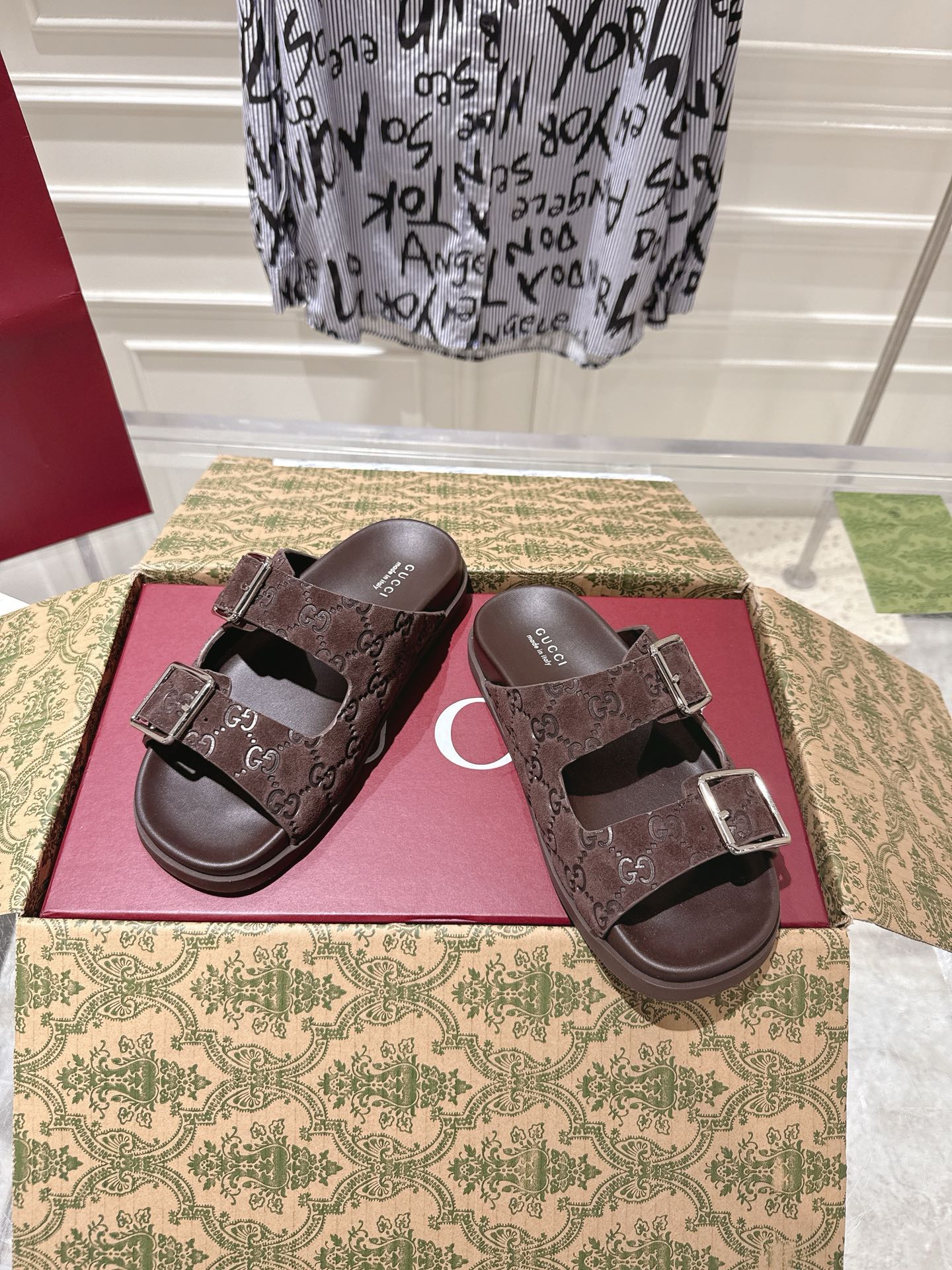 SANDALS IN NAVY BROWN SUEDE EMBOSSED LOGO SILVER HARDWARE