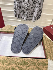 SANDALS IN NAVY BLUE SUEDE EMBOSSED LOGO SILVER HARDWARE