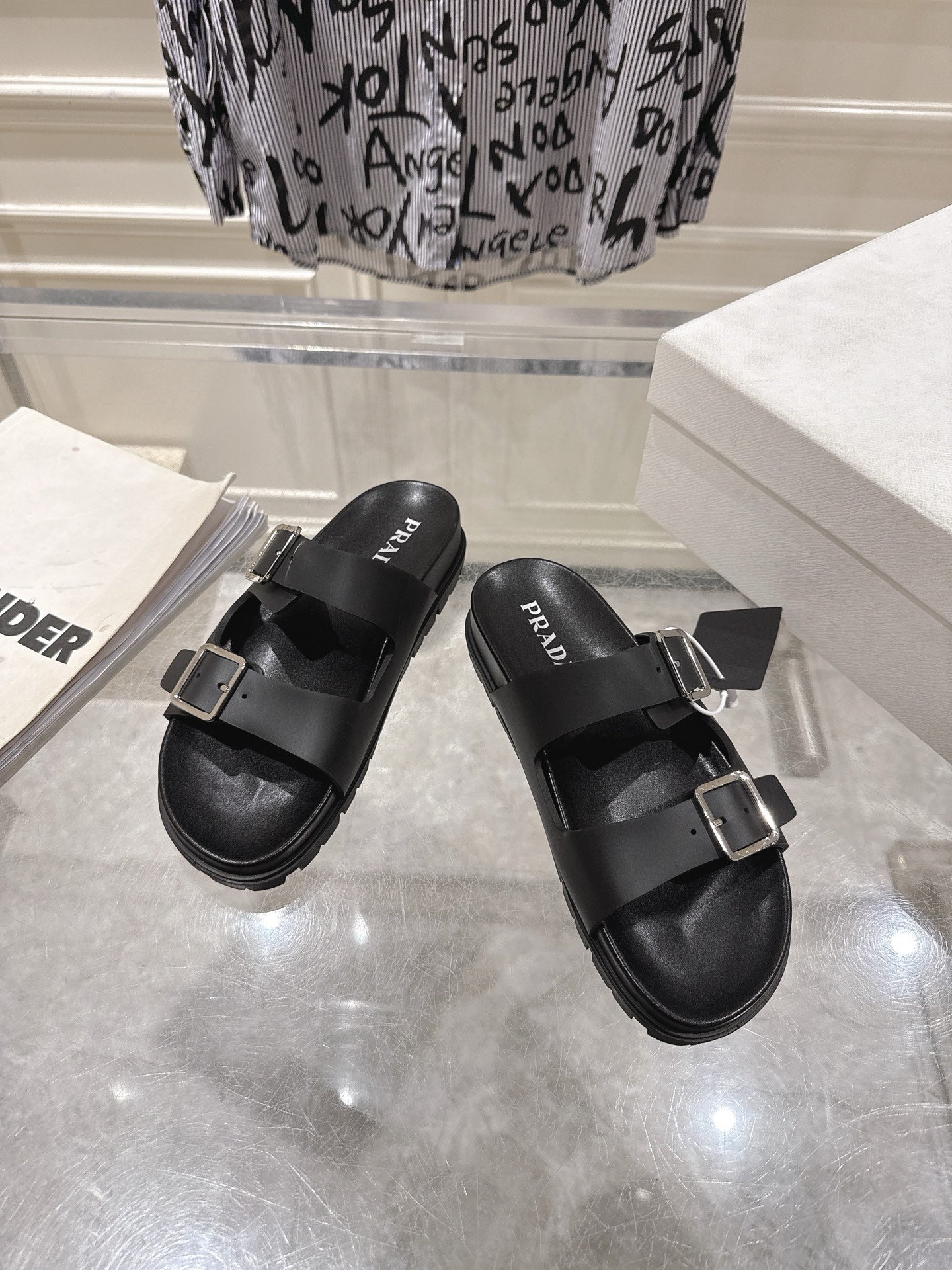 PRADA 26S SLIDES SANDALS IN BLACK CALFSKIN SILVER HARDWARE