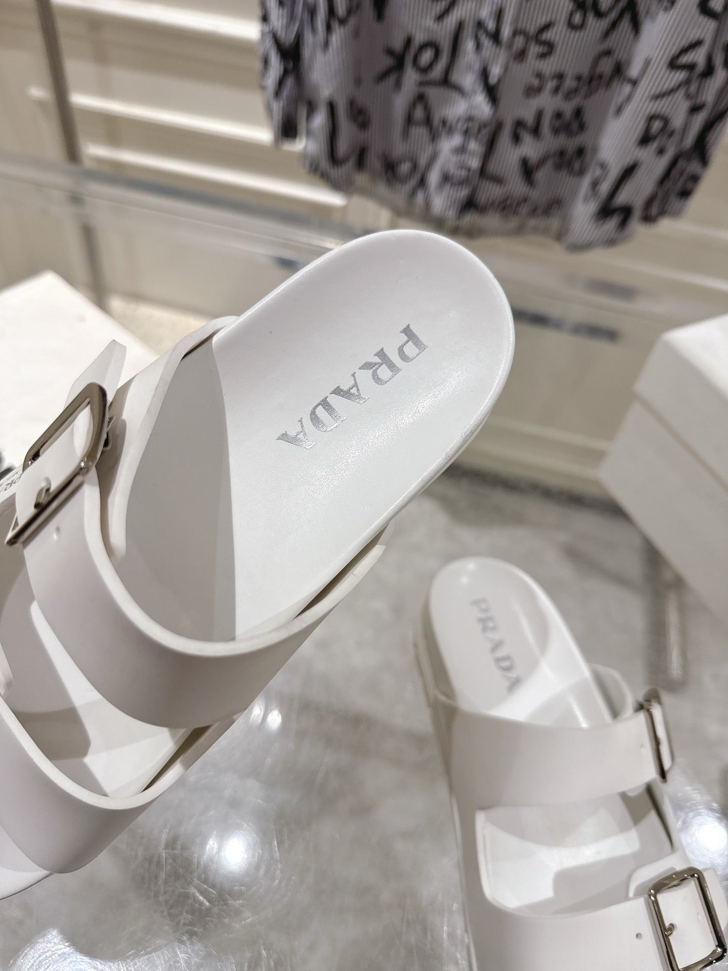 PRADA 26S SLIDES SANDALS IN WHITE CALFSKIN SILVER HARDWARE