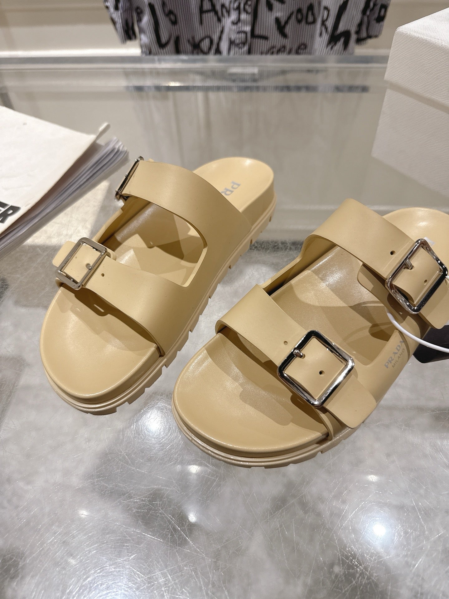 PRADA 26S SLIDES SANDALS IN BEIGE CALFSKIN SILVER HARDWARE
