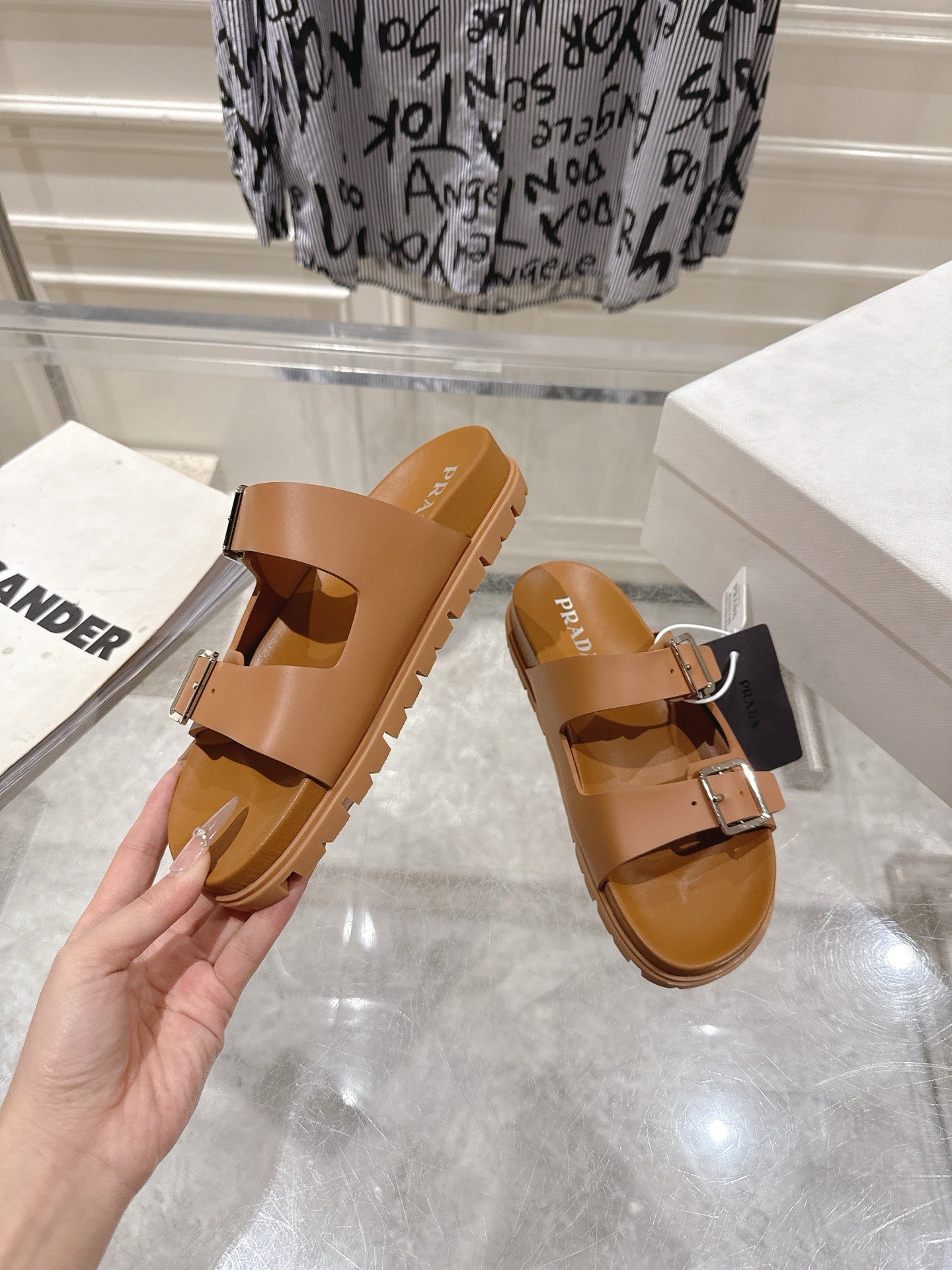 PRADA 26S SLIDES SANDALS IN CARAMEL BROWN CALFSKIN SILVER HARDWARE