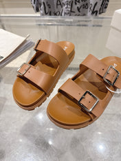 PRADA 26S SLIDES SANDALS IN CARAMEL BROWN CALFSKIN SILVER HARDWARE
