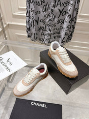 CHANEL 26S LACE UP SNEAKERS IN BEIGE SUEDE  AND WHITE FABRIC ROUND TOE