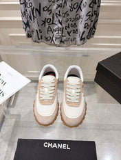 CHANEL 26S LACE UP SNEAKERS IN BEIGE SUEDE  AND WHITE FABRIC ROUND TOE
